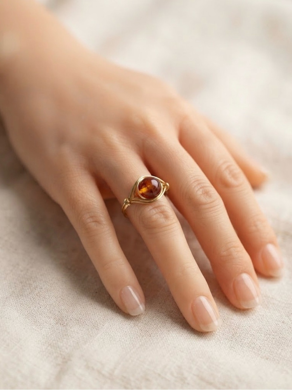 Gold wire wrapped Ring with Amber Gemstone size 8